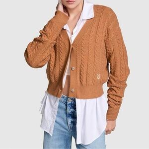 NWT PINK VS Collegiate Cable Knit Cropped Cardigan